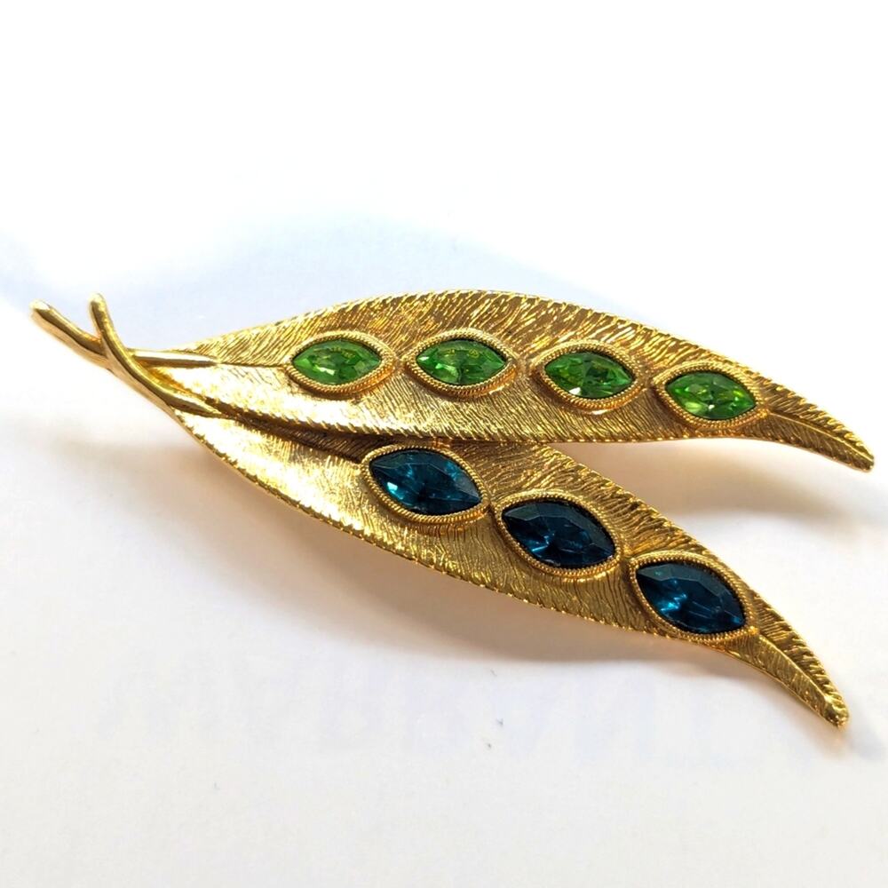 1928 Vintage Inspired Gold Tone Rhinestone Double Leaf Classic Elegant Brooch